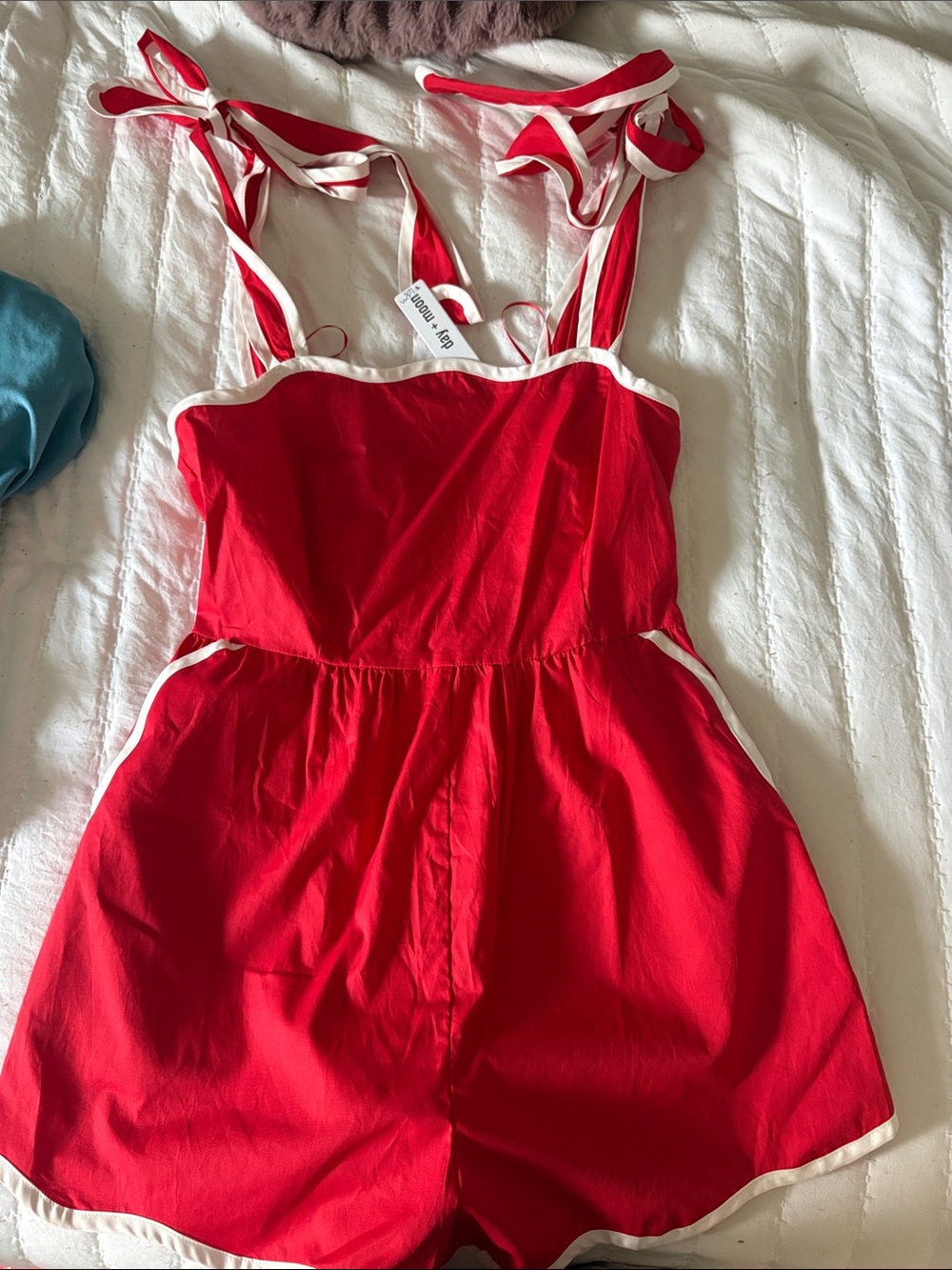 Red Tie-Shoulder Romper with Contrast Trim